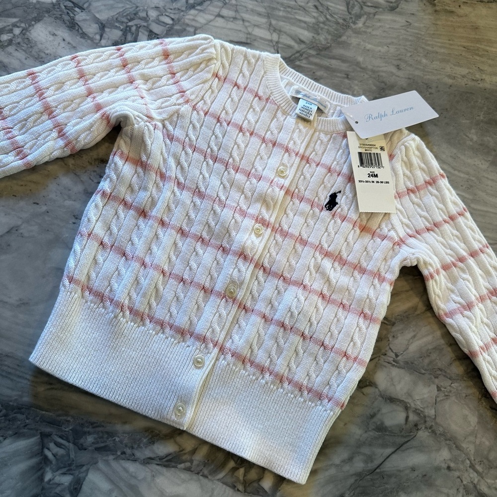 🌸 Ralph Lauren White with Pink Striped Cardigan, 24 Months NWT